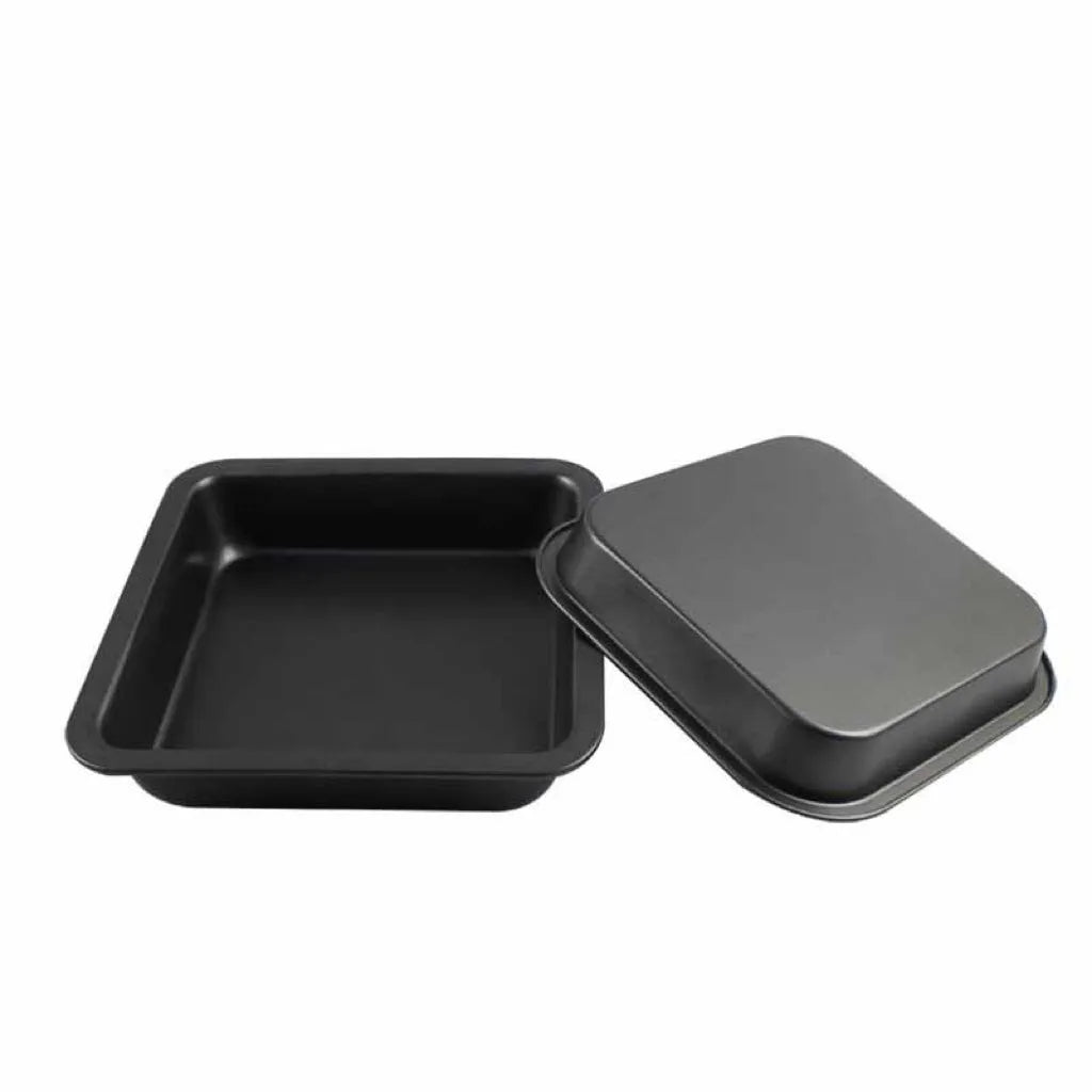 Square carbon steel pizza baking pan with silicone Teflon coating, 8 inch, gold finish on white background