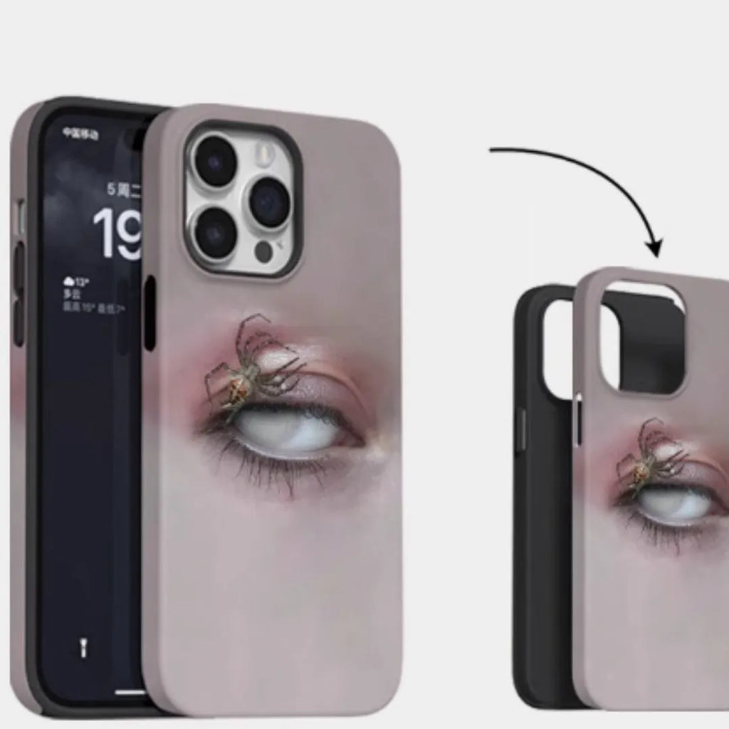 Dark heterochromatic spider pattern on a frosted resin iPhone case for iPhone 15 Pro Max and 16 Pro Max.