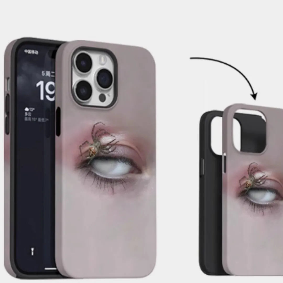 Dark heterochromatic spider pattern on a frosted resin iPhone case for iPhone 15 Pro Max and 16 Pro Max.