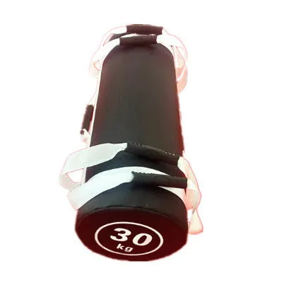 White PVC training sandbag for fitness and weight lifting, shown with weight options from 5KG to 30KG.
