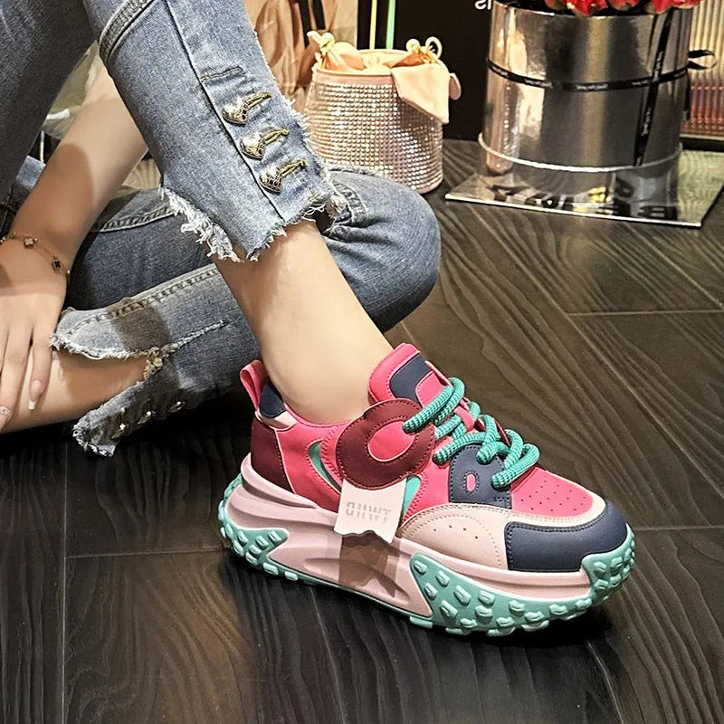 Leather sports casual shoes with thick wedge soles and front lace-up fastening in four colour options