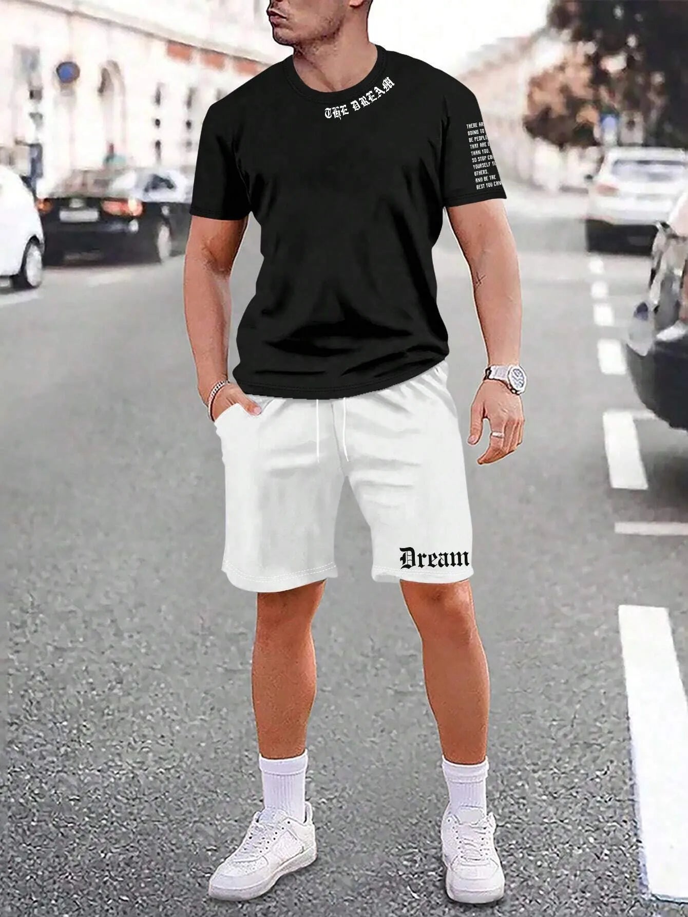 Men's blue short-sleeved sports top and matching shorts suit set on a hanger