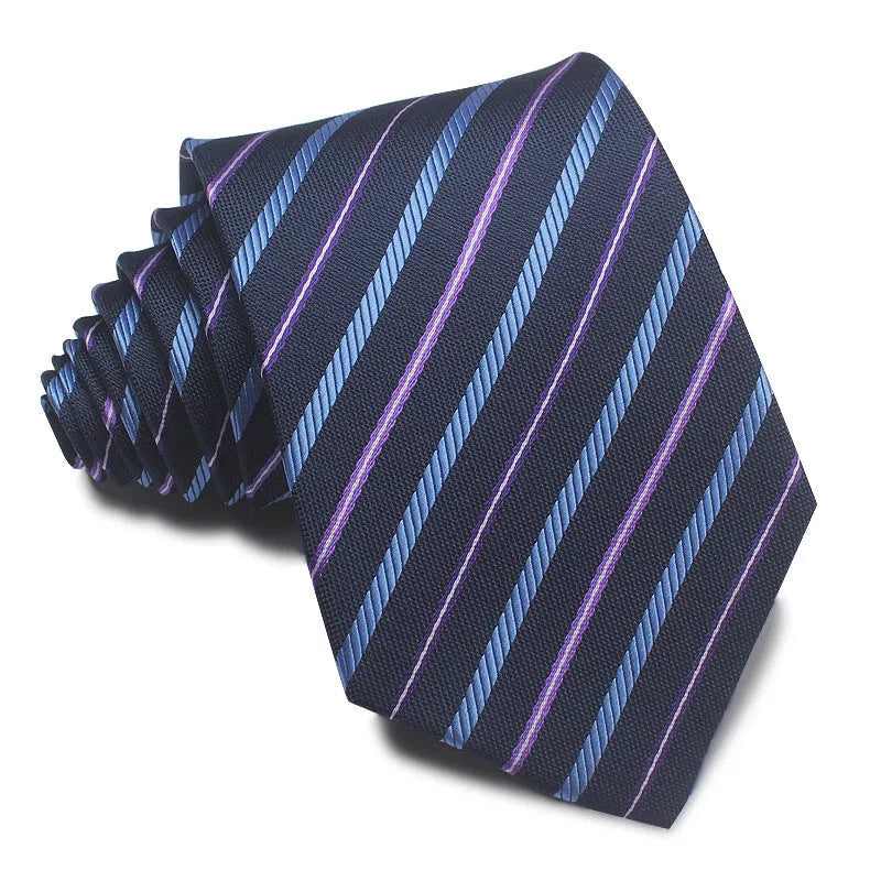 8cm wide polyester jacquard striped men's business tie shown in multiple colour variations