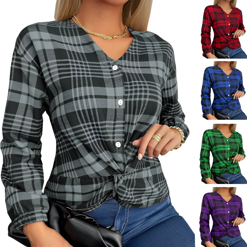 Women's plaid casual shirt in polyester fabric, available in grey, purple and red colours
