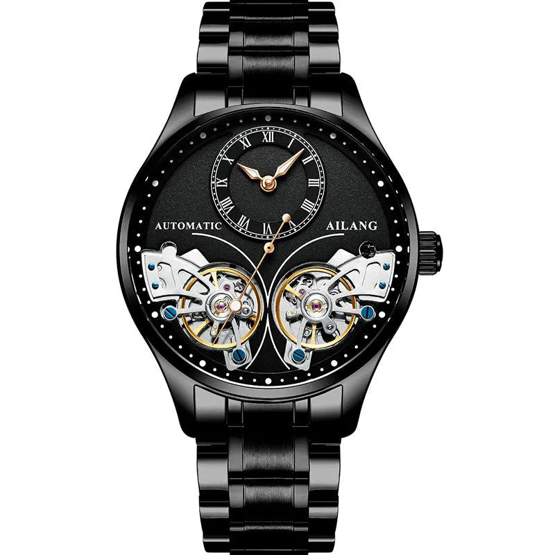 Automatic men's wristwatch with titanium case, round black dial showing tourbillon and moon phase.