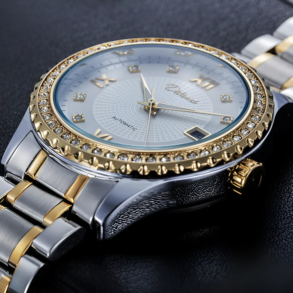 Fashionmonger gold automatic mechanical watch with luminous dial and black surface on wrist, 13mm case thickness