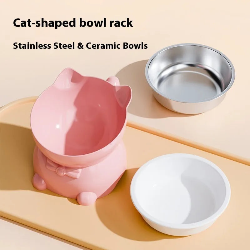 Stainless steel anti-fall oblique cat bowl with tilted design in black, blue, pink or yellow