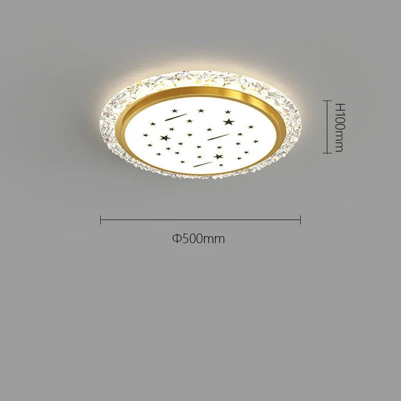 Modern round white metal LED ceiling light with remote control on a white background.