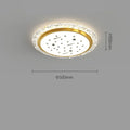 Modern round white metal LED ceiling light with remote control on a white background.