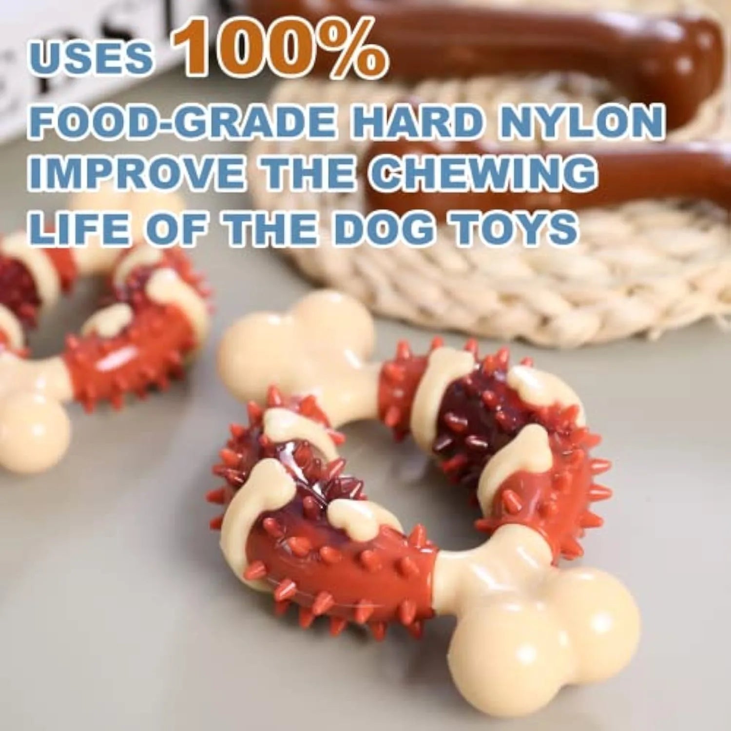 Bone-shaped natural rubber dog chewing toy shown in two different sizes on a plain background