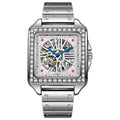 Men's square stainless steel automatic watch with diamond bezel on a black leather strap.