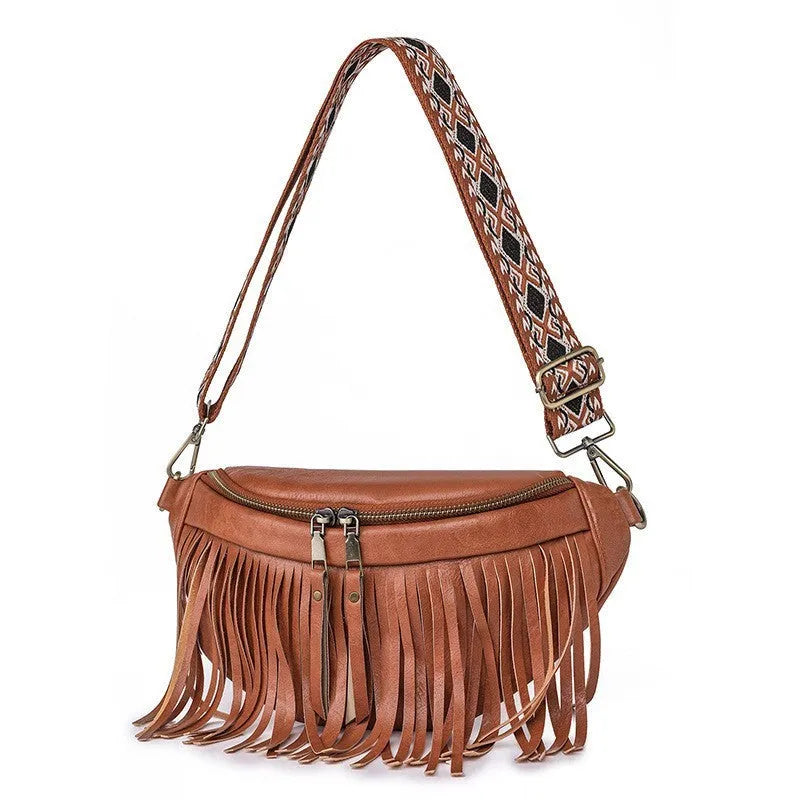 Retro-style pleated messenger crossbody bag in PU leather with a tassel, shown in macaron-gray.
