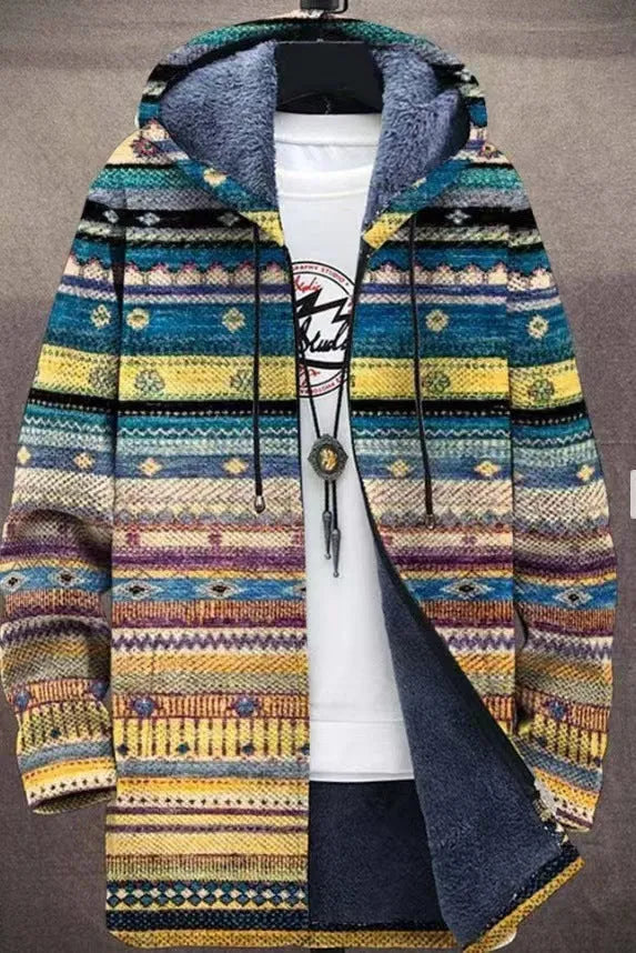 Printed plush lined thickened long-sleeved windproof jacket with digital print in loose fit polyester fabric, size S to 4XL