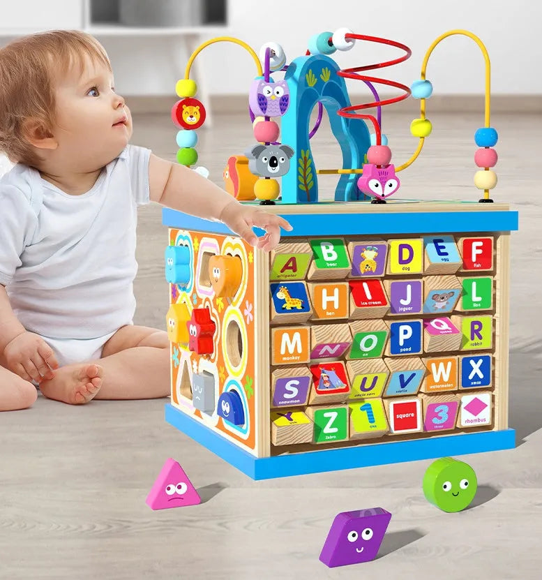 Blue wooden bead treasure box toy with multiple play scenes for babies and children