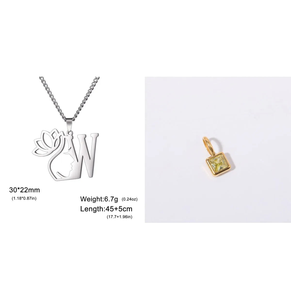 Stainless steel necklace with cross chain and a single initial pendant in a gold or silver finish.