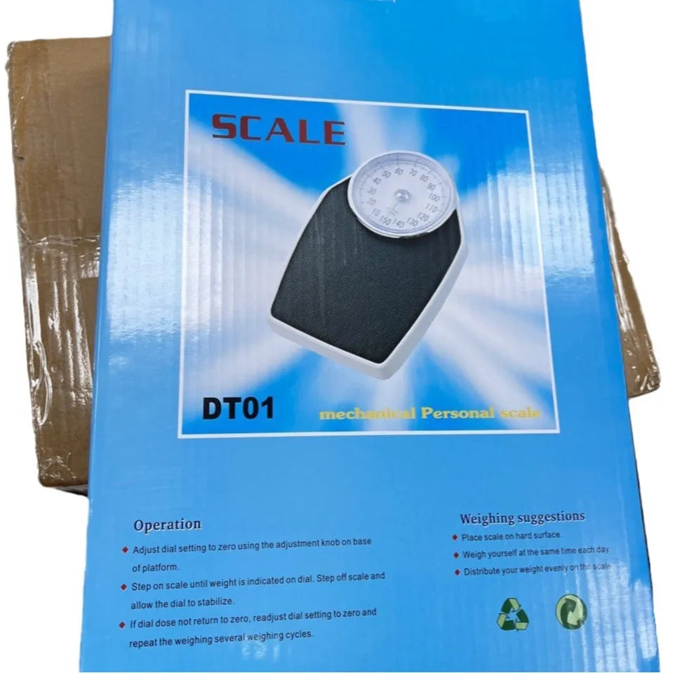 Large dial mechanical pointer body weight scale in black, 47x35x11cm, on bathroom floor
