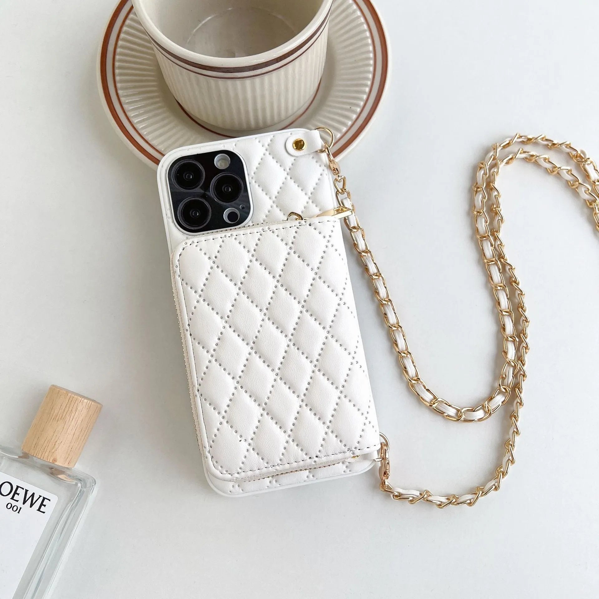 Lambskin phone case with rhombic pattern, card holder, and chain in white for Apple iPhone