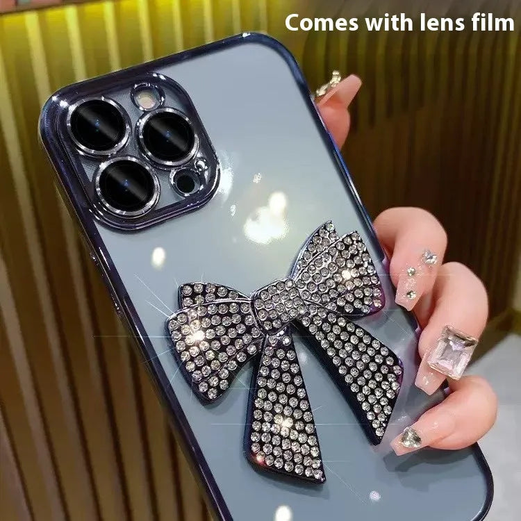Electroplating diamond bow phone case with lens protector for iPhone in pink and silver TPU finish