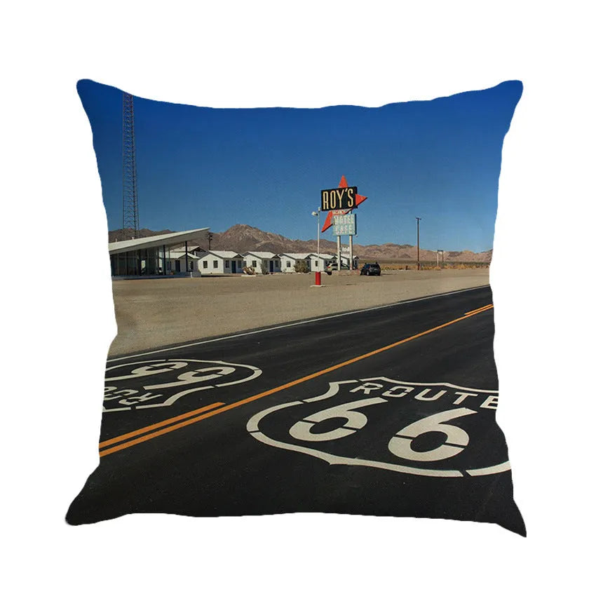 Route 66 landscape pattern linen cushion cover for 45cm square back pillow or car seat.