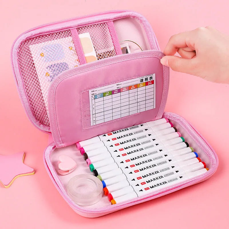 Square canvas pencil case with cartoon anime design, zip closure, and large storage capacity.