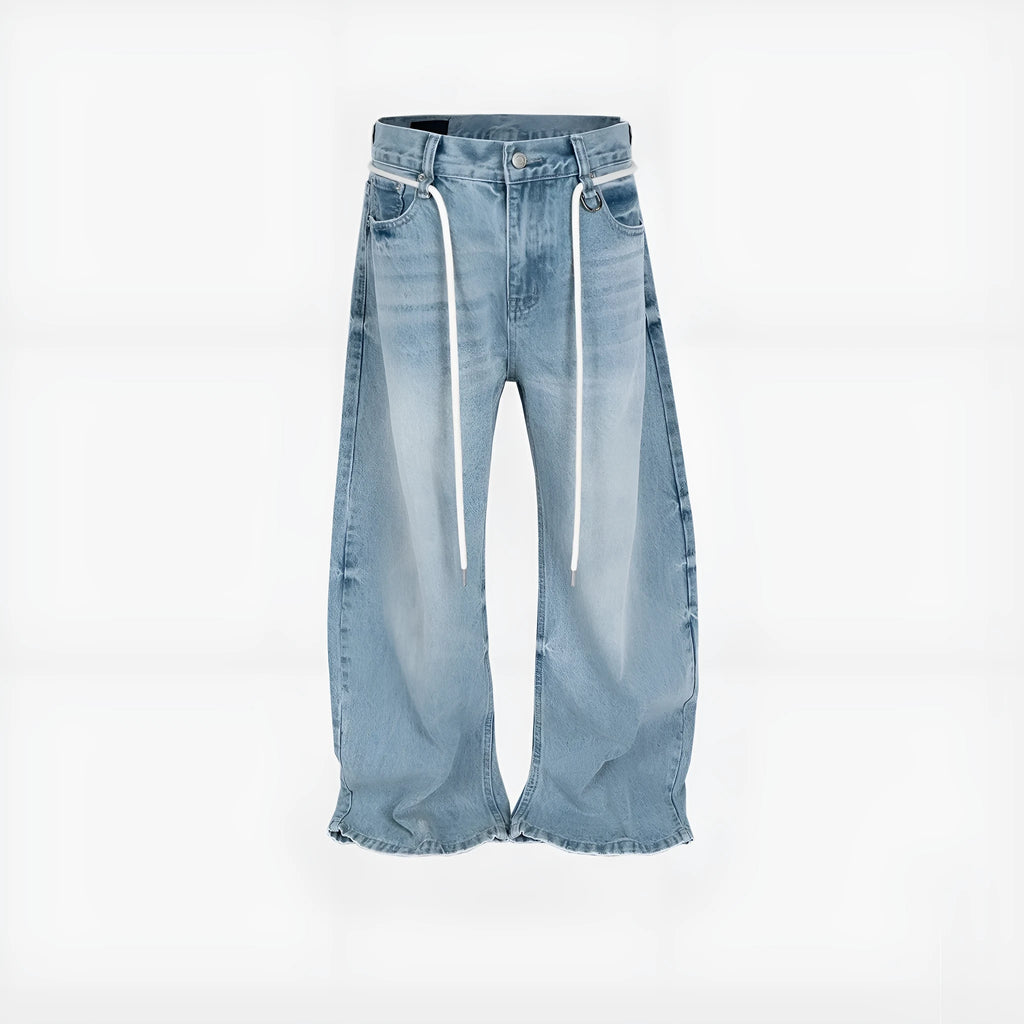 Blue vintage washed denim trousers with drawstring waist and straight-leg cut