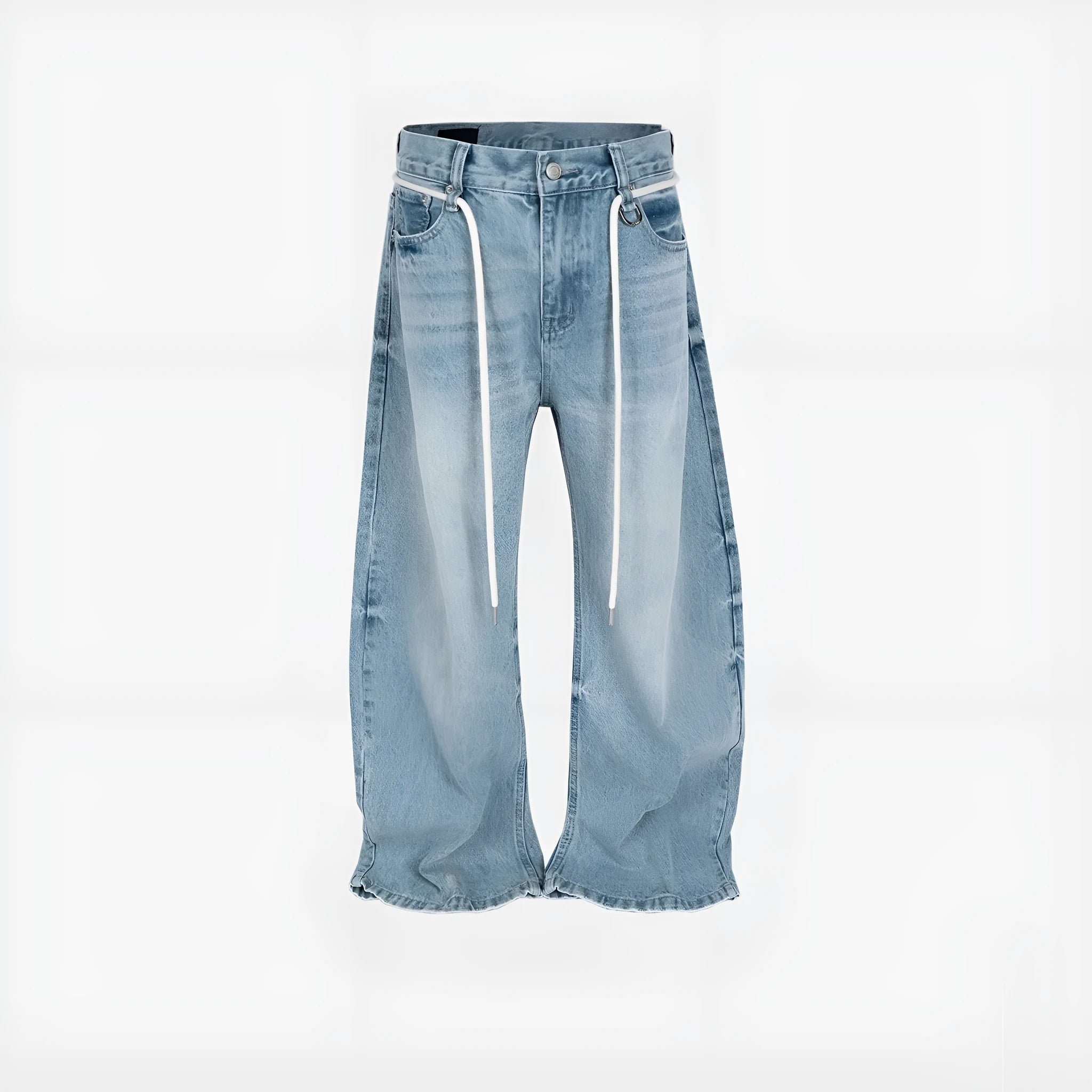Blue vintage washed denim trousers with drawstring waist and straight-leg cut