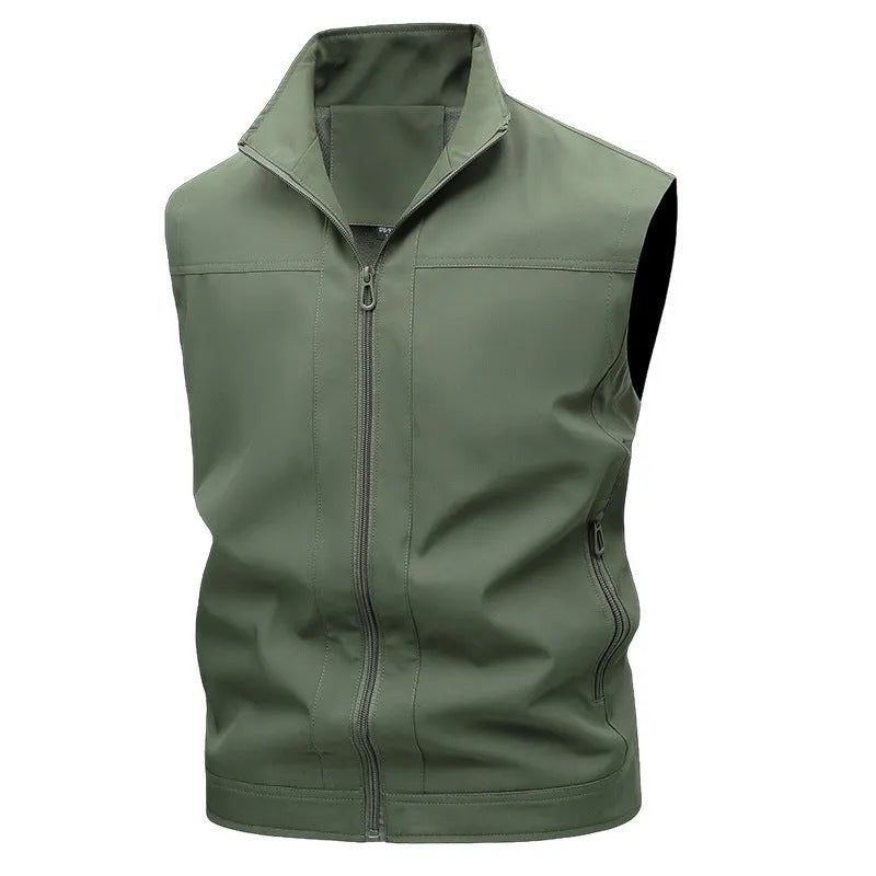 Men's casual horse shirt with stand-up collar in army green colour showing loose fit and breathable fabric