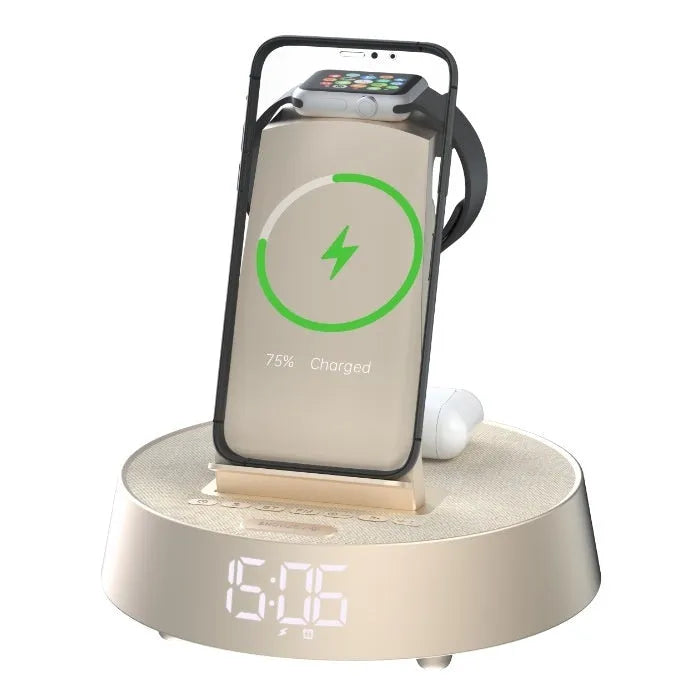 Wireless Bluetooth speaker clock alarm clock with wireless charger in beige, black, or light gray for home use