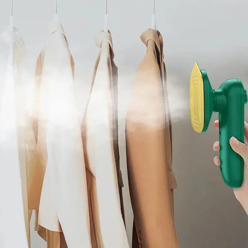 Dark green portable hanging steam ironing machine with ceramic panel.