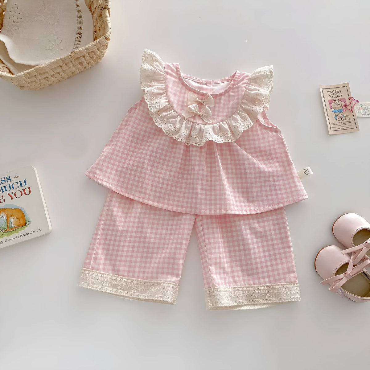 Girls cherry pink plaid bowknot shirt and wide leg pants two-piece set on child