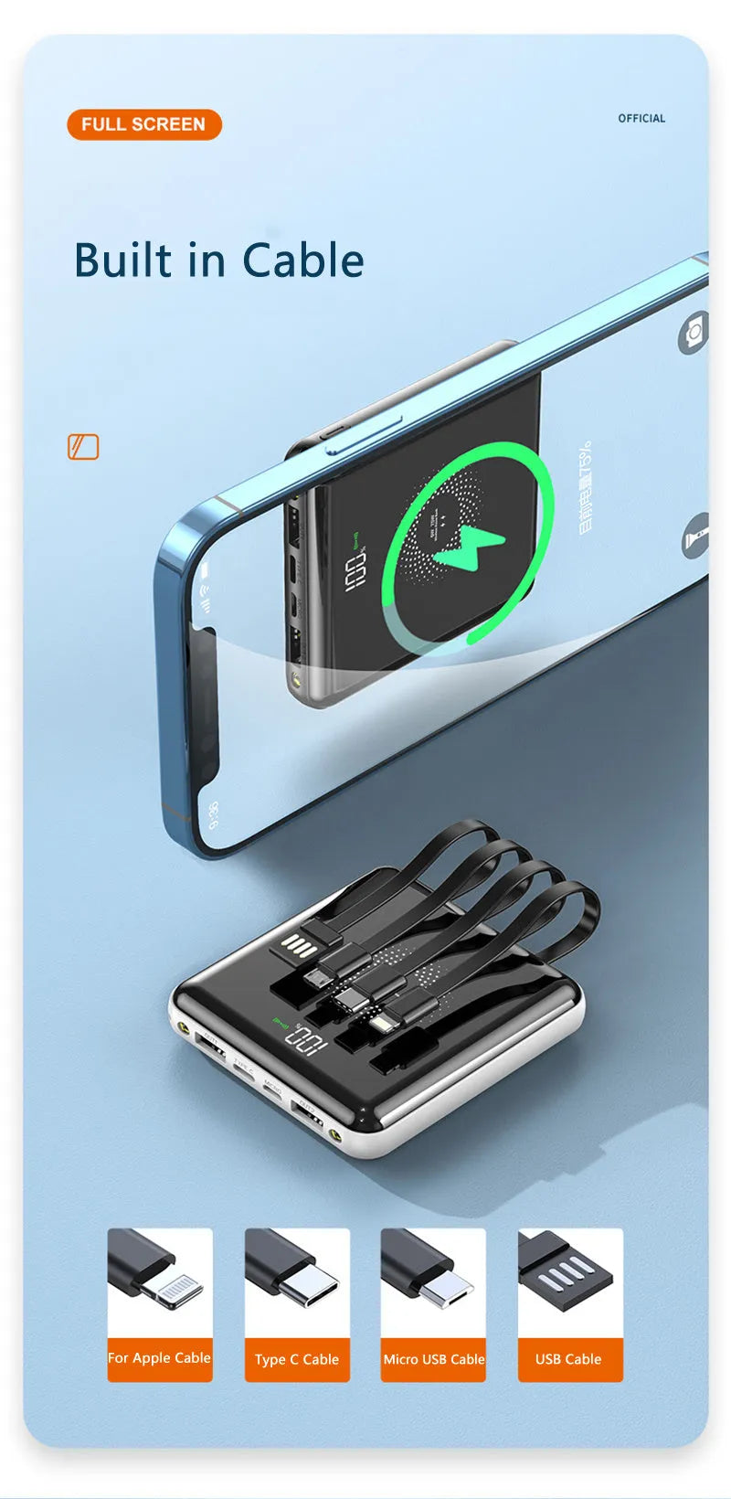 20000mAh power bank with LCD display showing battery percentage