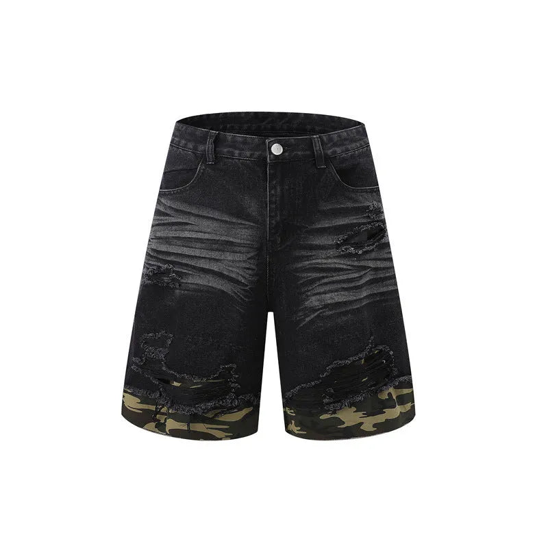 Leopard print denim matching set with short sleeve top and shorts featuring raw cut edge stitching