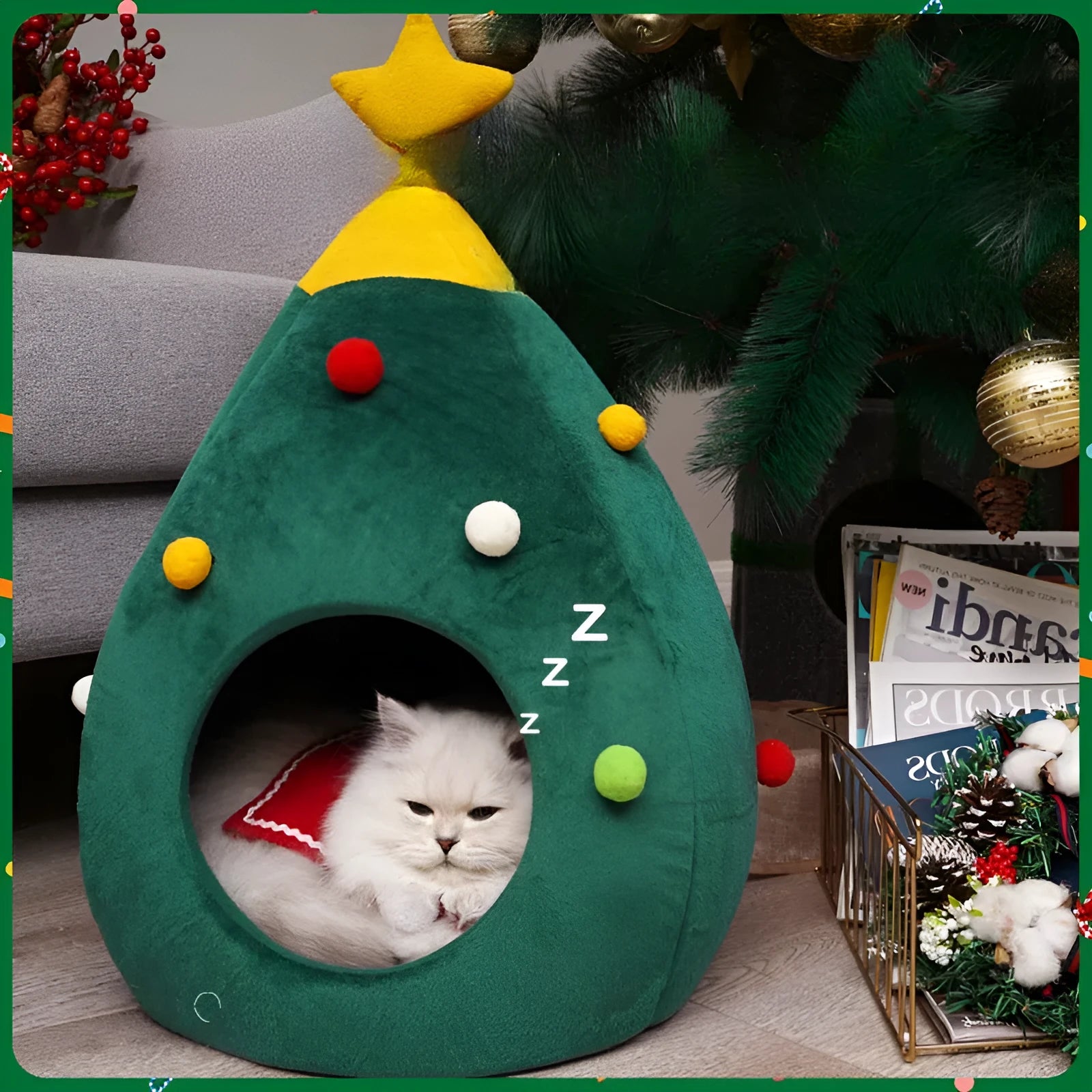 Red Christmas tree-shaped plush cave bed for cats and small dogs on a white background.