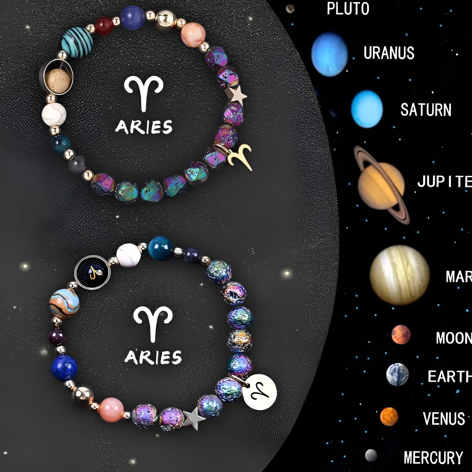 Natural stone beaded bracelet showing an adjustable strap with a zodiac charm, available in twelve astrological sign styles.