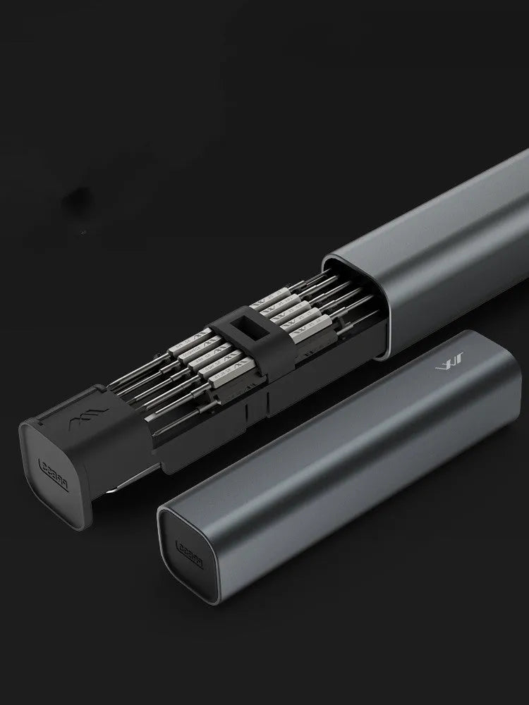 Black screwdriver set gadget with chrome-molybdenum alloy steel bits in small aluminium tube