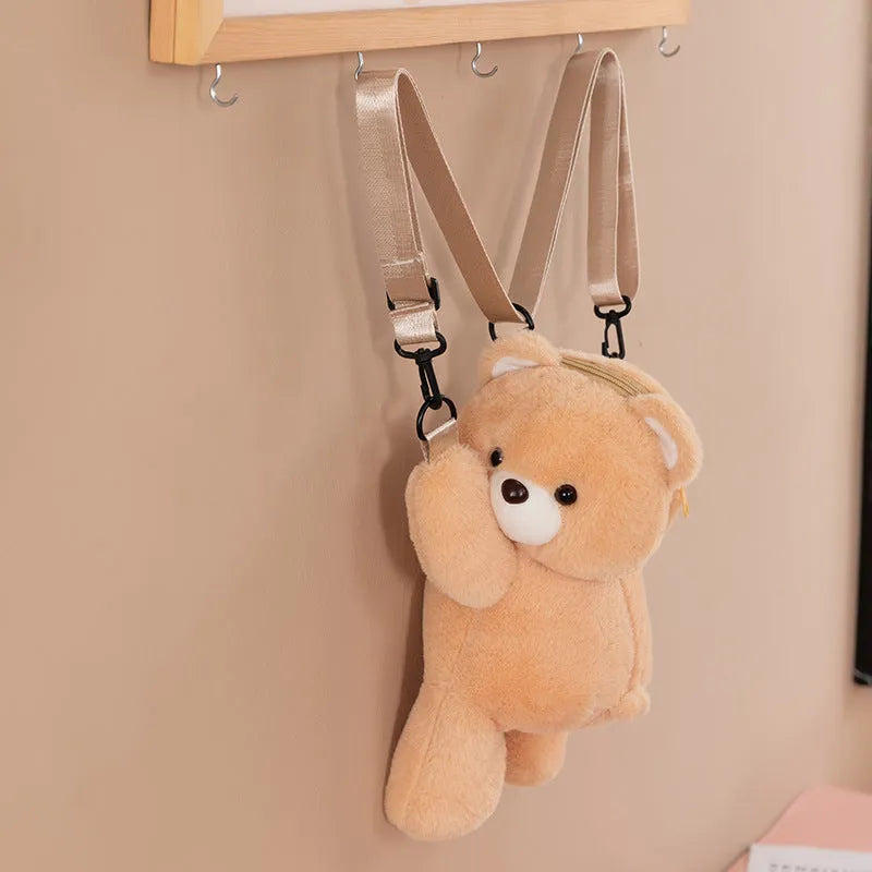 Cartoon bear lying-down plush doll crossbody bag in solid colour with airpillow straps