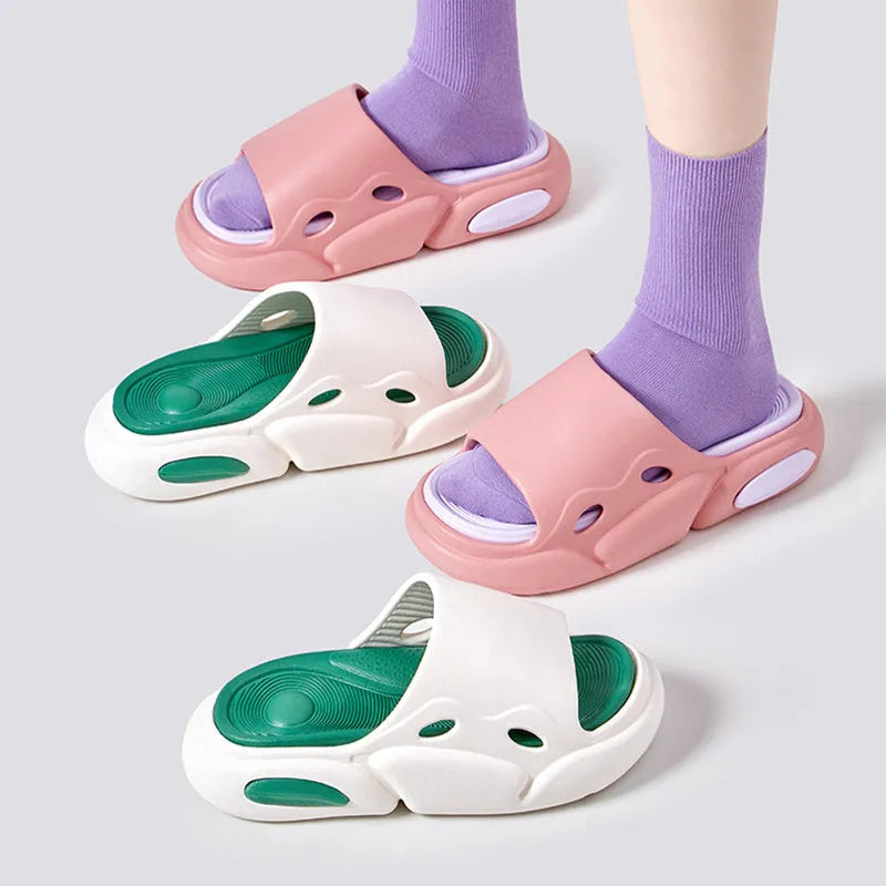 Women's thick-soled EVA couples slippers in two-colour designs with leather lining