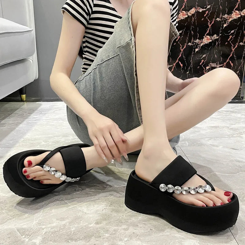 Women's black satin thick-soled flip-flops with rhinestone detail, round head, rubber sole, size 34-40