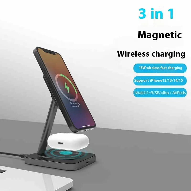 Desktop three-in-one magnetic 15W wireless charger bracket with Type-C interface for phone charging