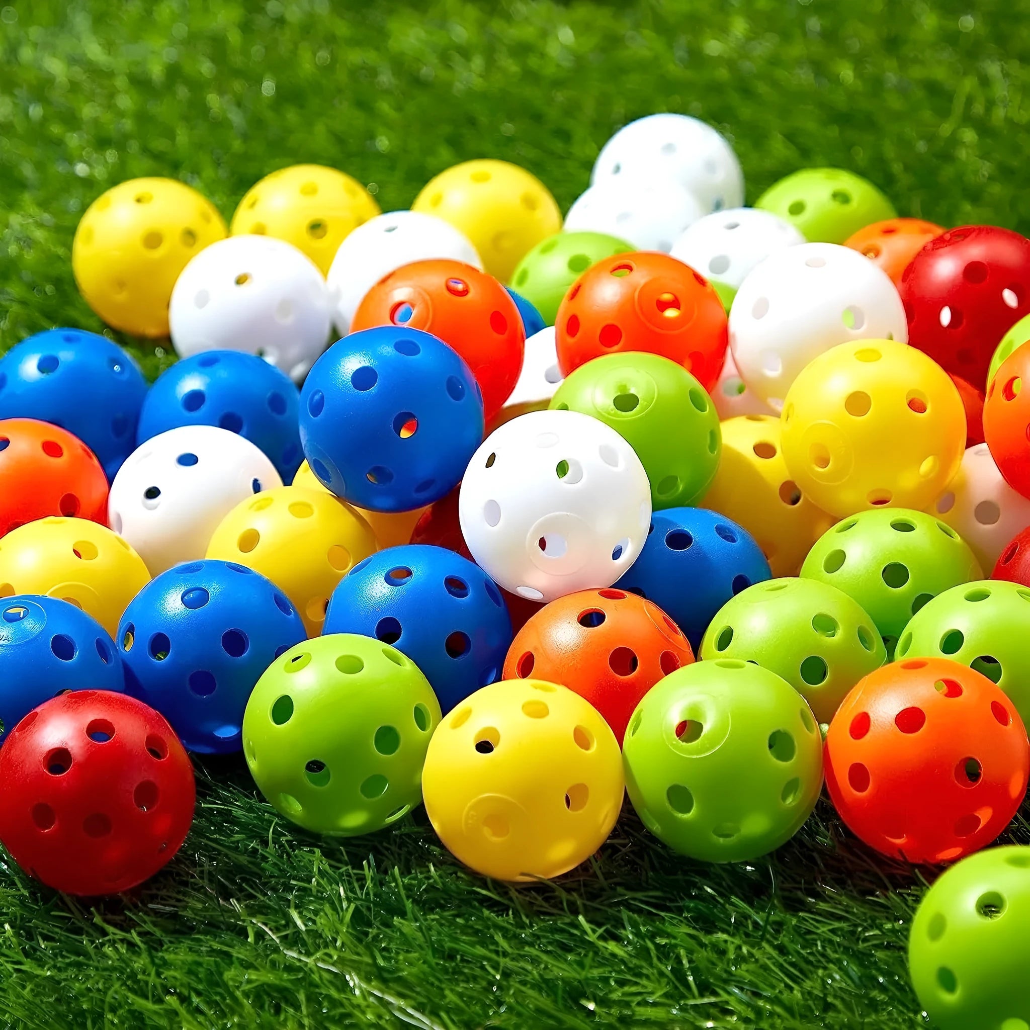 24 multi-colour 42mm golf practice balls in red, orange, blue, green, white, yellow stored in mesh net bag