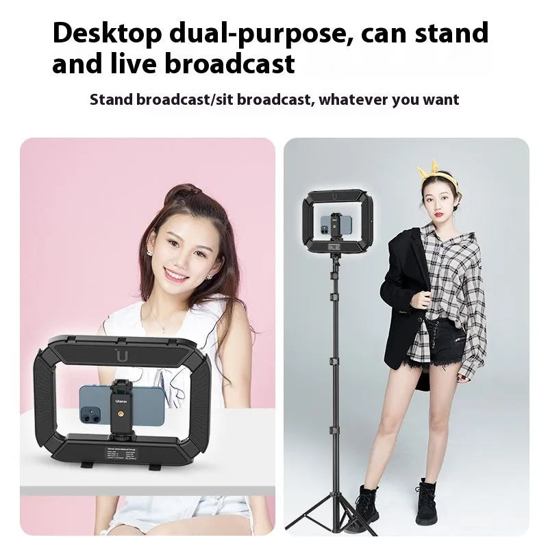 U200 white LED fill light with thick frosted panel and bracket on a tabletop