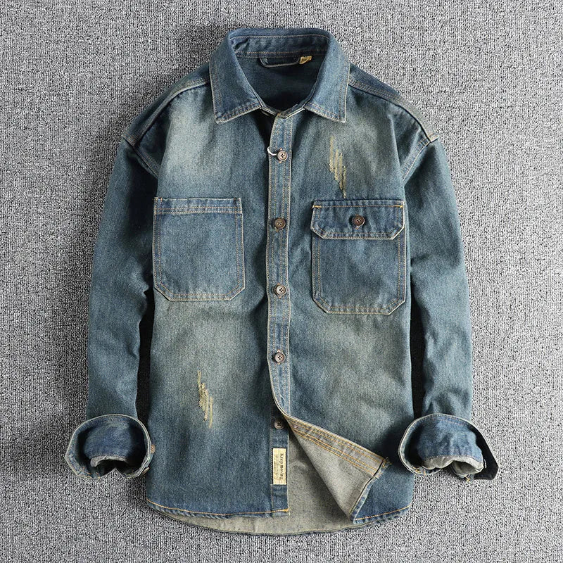 Men's light blue vintage washed denim shirt with long sleeves and loose fit