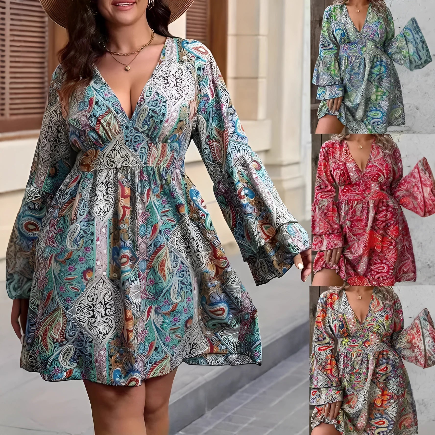 Women's plus size Bohemian style dress with V-neck, long bell sleeves, and an A-line short skirt in a solid colour.