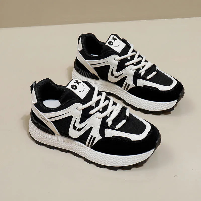 Women's platform casual shoes in black with lace-up front and round toe design