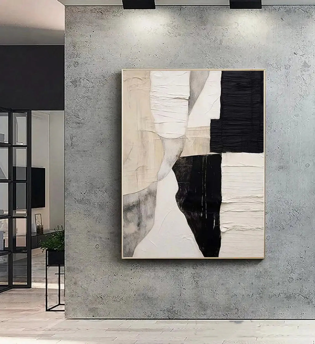 Handmade modern abstract black and white textured oil painting on canvas, rolled and unstretched, suitable for living room wall decor