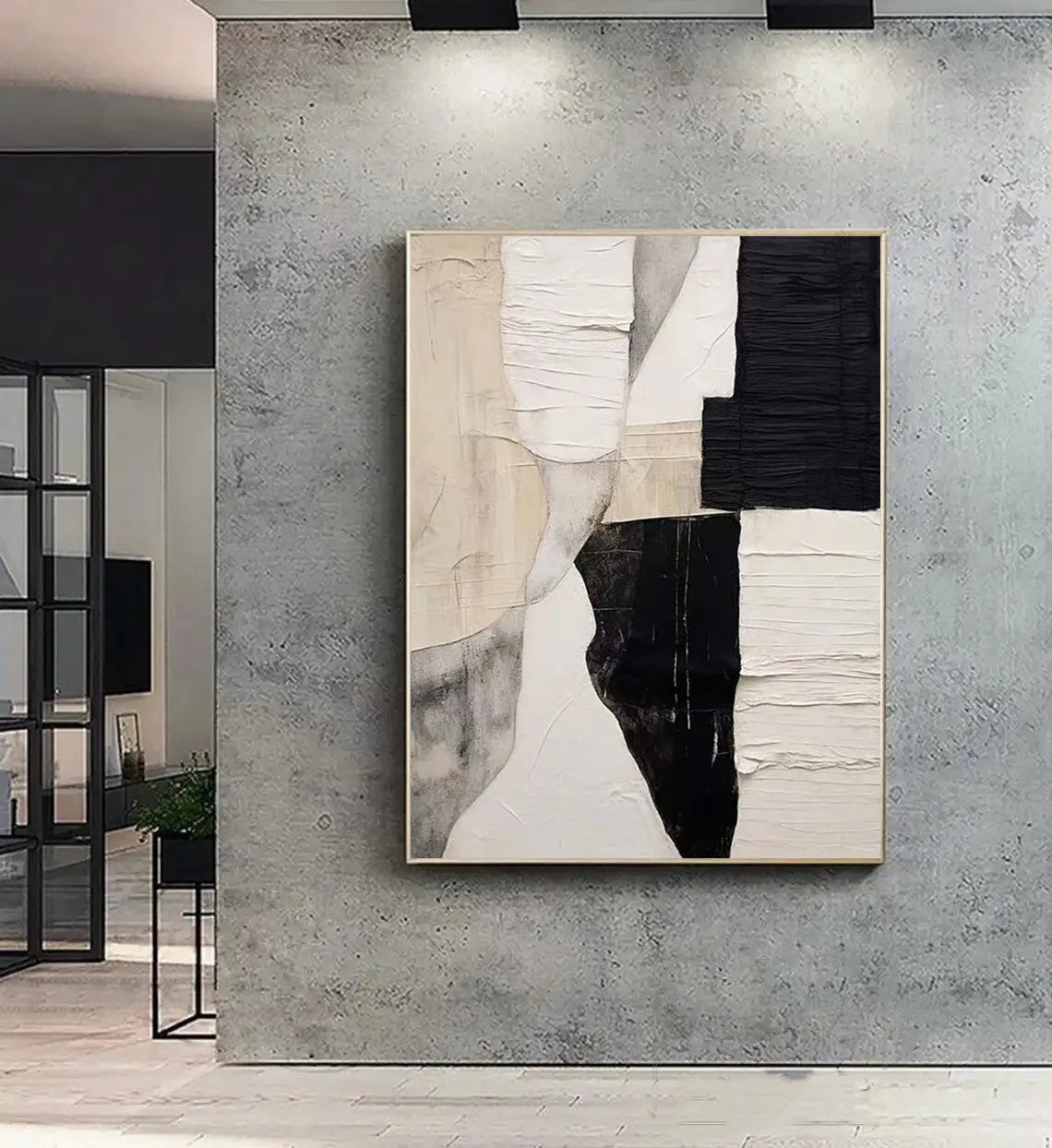Handmade modern abstract black and white textured oil painting on canvas, rolled and unstretched, suitable for living room wall decor