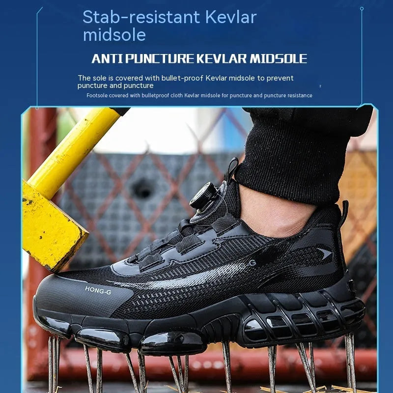 Men's lightweight black safety work shoes with steel toe cap and lace-up front.