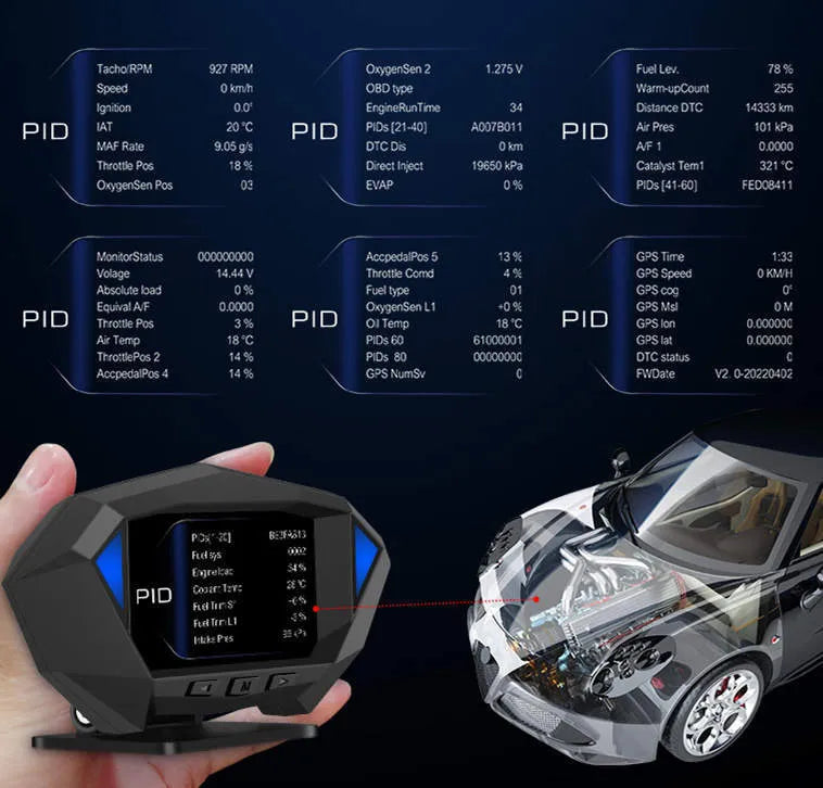 Black vehicle HUD head-up display unit with LCD screen, OBD cable, and anti-slip pad