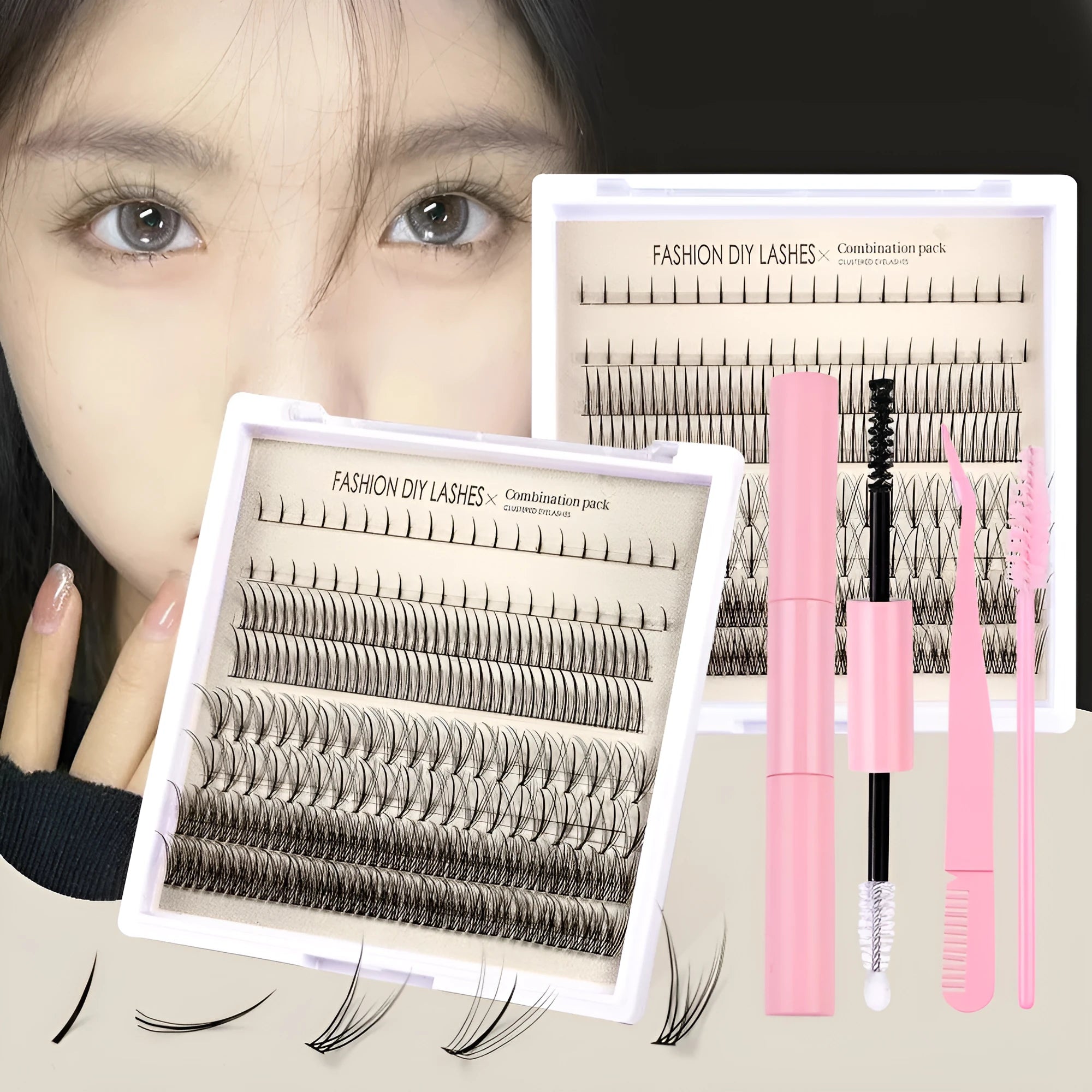 False eyelash glue suit with artificial fiber lashes, glue, tweezers, and brush in coordinated tool set