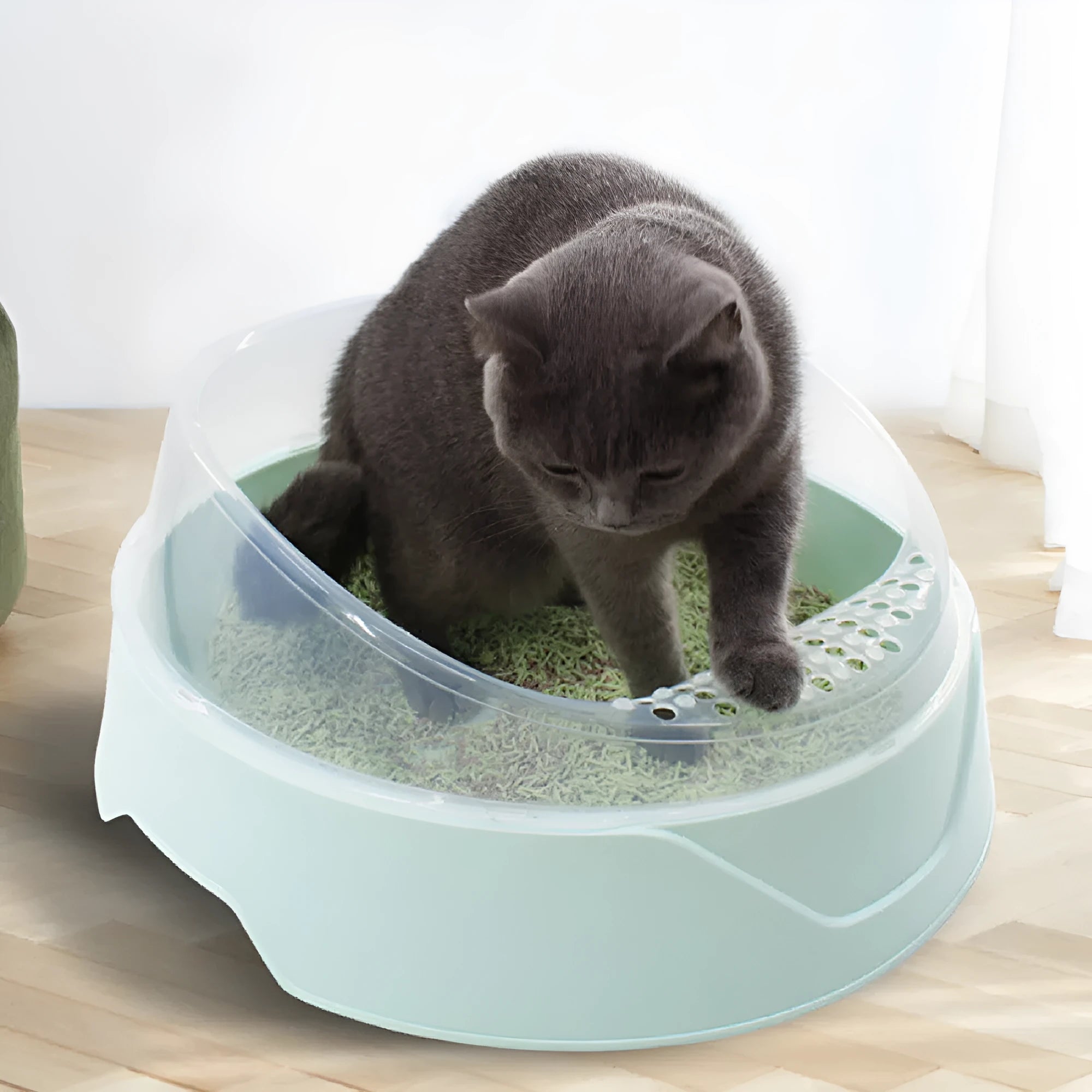 Round mint green cat litter box made from PP plastic with deodorant feature, shown next to a pink version.